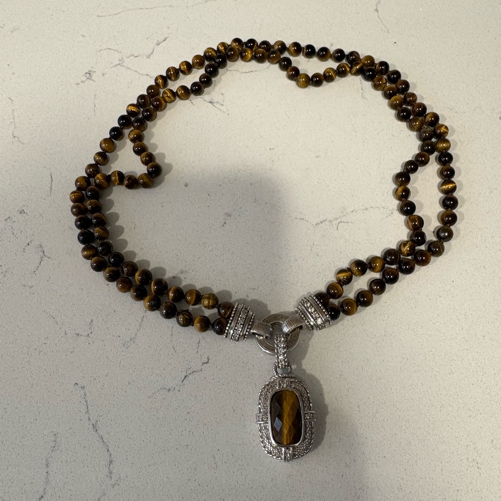 Judith Ripka Tiger Eye Beaded Necklace with Silver Pendant